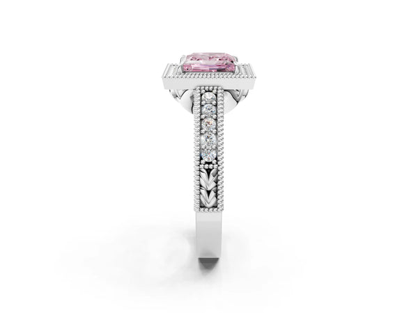 White gold Fancy Pink Princess  Cut Halo Diamond Ring with Pavé Band and Four-Prong Setting