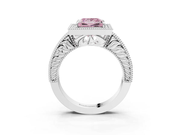 White gold Fancy Pink Princess  Cut Halo Diamond Ring with Pavé Band and Four-Prong Setting