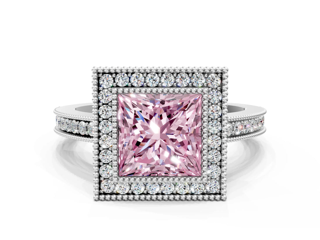 White gold Fancy Pink Princess  Cut Halo Diamond Ring with Pavé Band and Milgrain Prong Setting_28