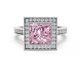 White gold Fancy Pink Princess  Cut Halo Diamond Ring with Pavé Band and Milgrain Prong Setting_28