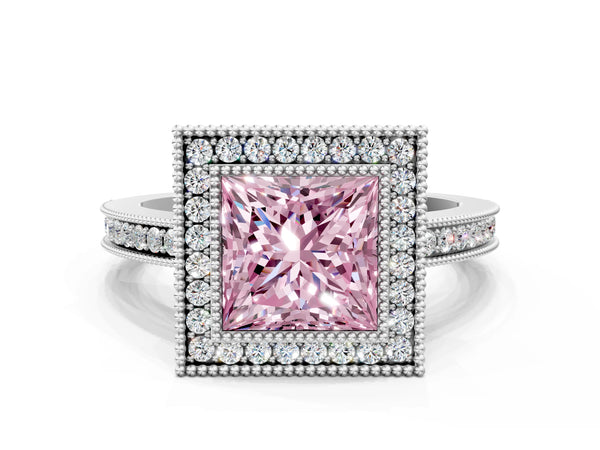 White gold Fancy Pink Princess  Cut Halo Diamond Ring with Pavé Band and Milgrain Prong Setting