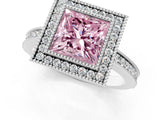 White gold Fancy Pink Princess  Cut Halo Diamond Ring with Pavé Band and Milgrain Prong Setting_29
