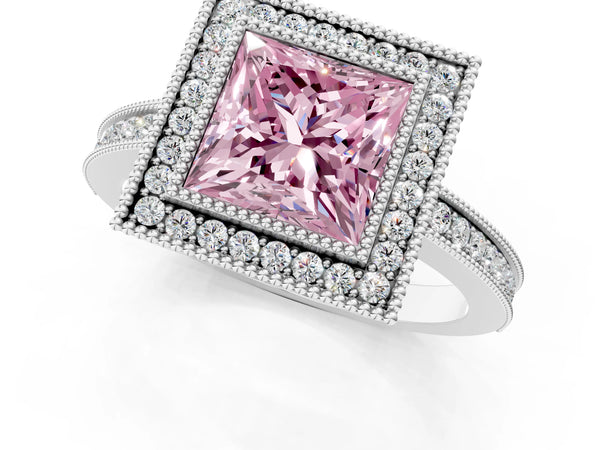 White gold Fancy Pink Princess  Cut Halo Diamond Ring with Pavé Band and Milgrain Prong Setting