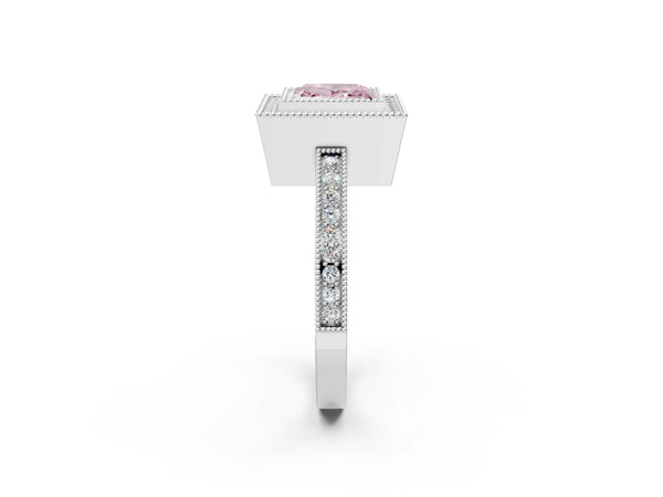 White gold Fancy Pink Princess  Cut Halo Diamond Ring with Pavé Band and Milgrain Prong Setting