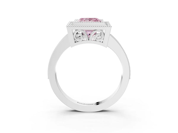 White gold Fancy Pink Princess  Cut Halo Diamond Ring with Pavé Band and Milgrain Prong Setting
