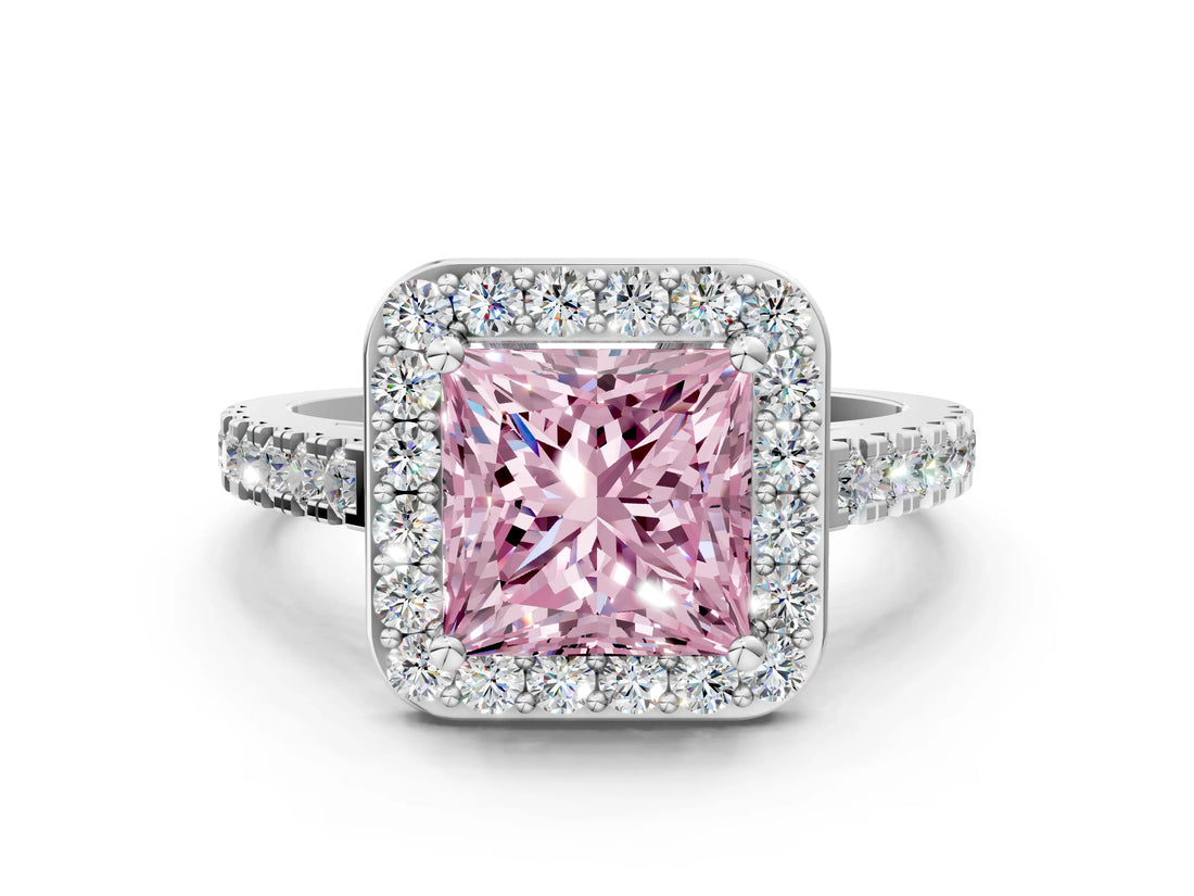 White gold Fancy Pink Princess Cut Halo Diamond Ring with Pavé Band and Three-Prong Setting_12