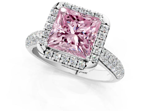 White gold Fancy Pink Princess Cut Halo Diamond Ring with Pavé Band_1