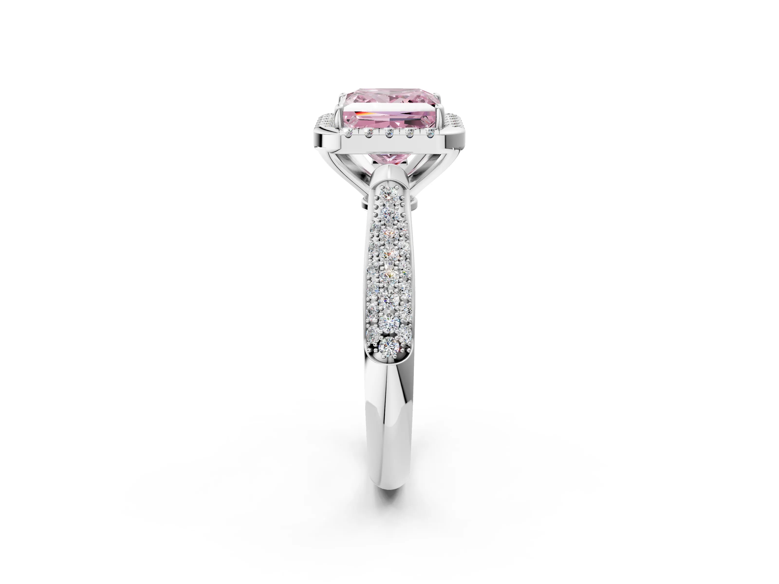 White gold Fancy Pink Princess Cut Halo Diamond Ring with Pavé Band_2
