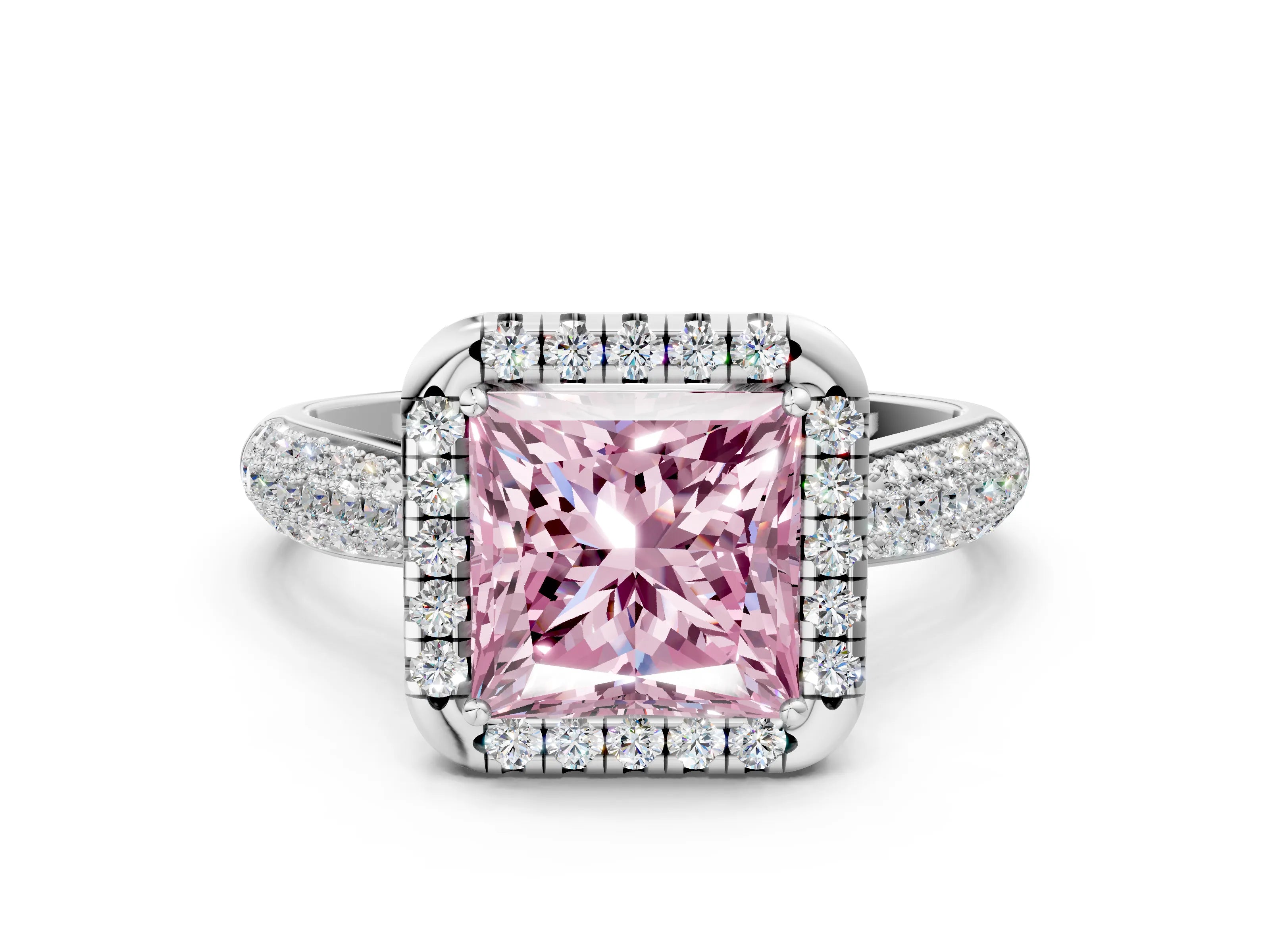 White gold Fancy Pink Princess Cut Halo Diamond Ring with Pavé Band_36