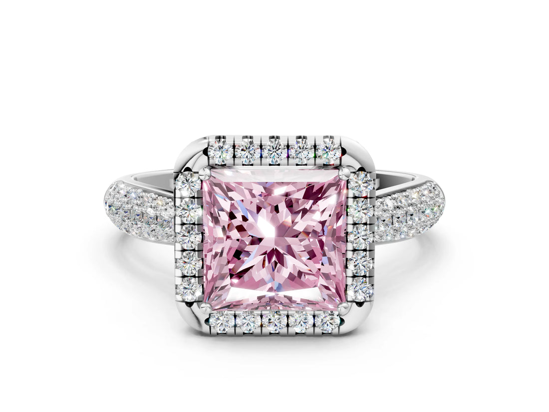 White gold Fancy Pink Princess Cut Halo Diamond Ring with Pavé Band_36