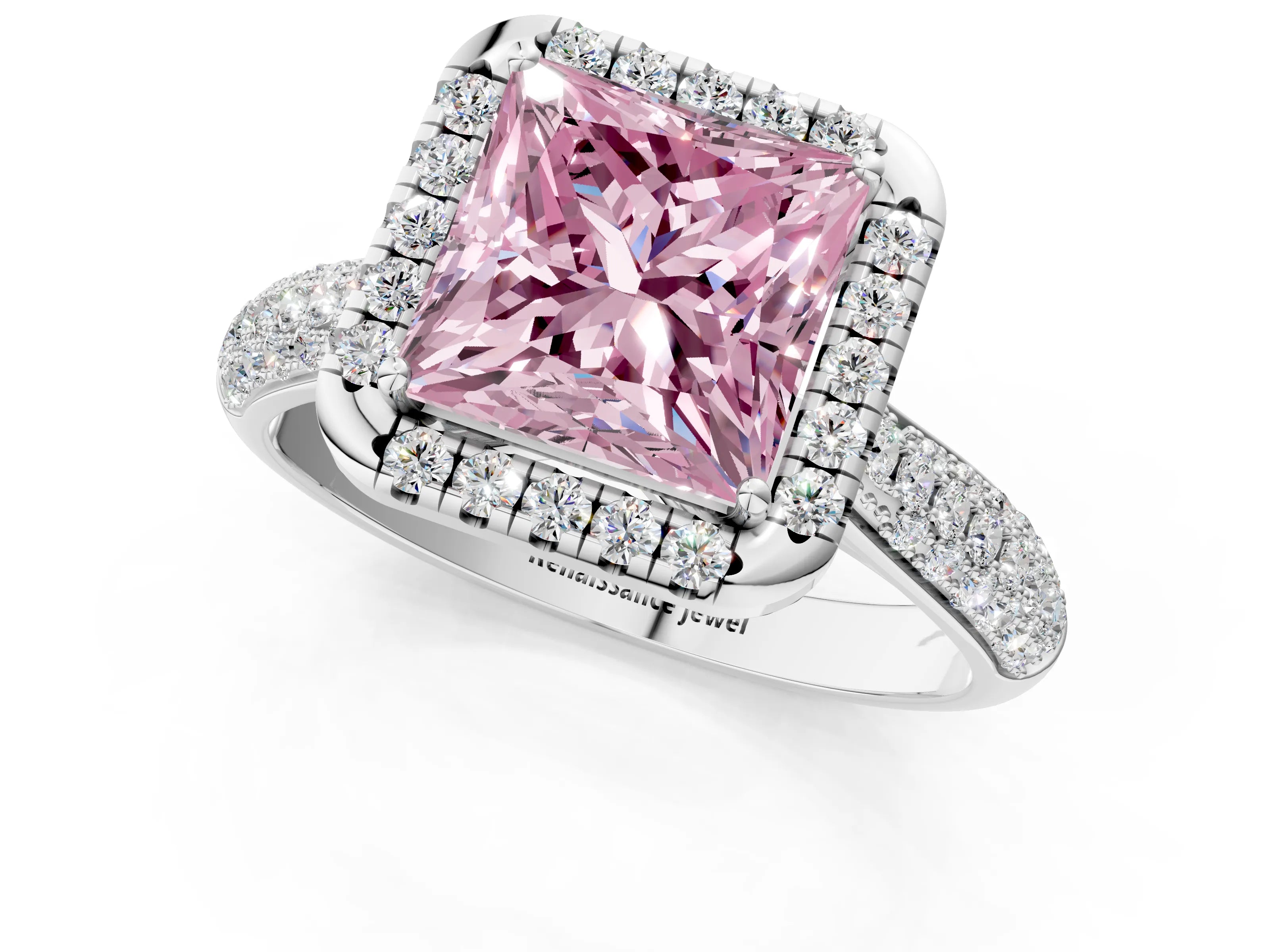 White gold Fancy Pink Princess Cut Halo Diamond Ring with Pavé Band_37