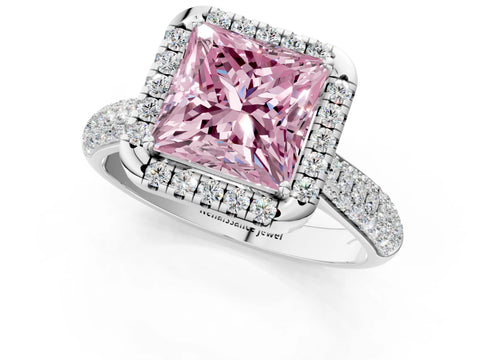 White gold Fancy Pink Princess Cut Halo Diamond Ring with Pavé Band_37