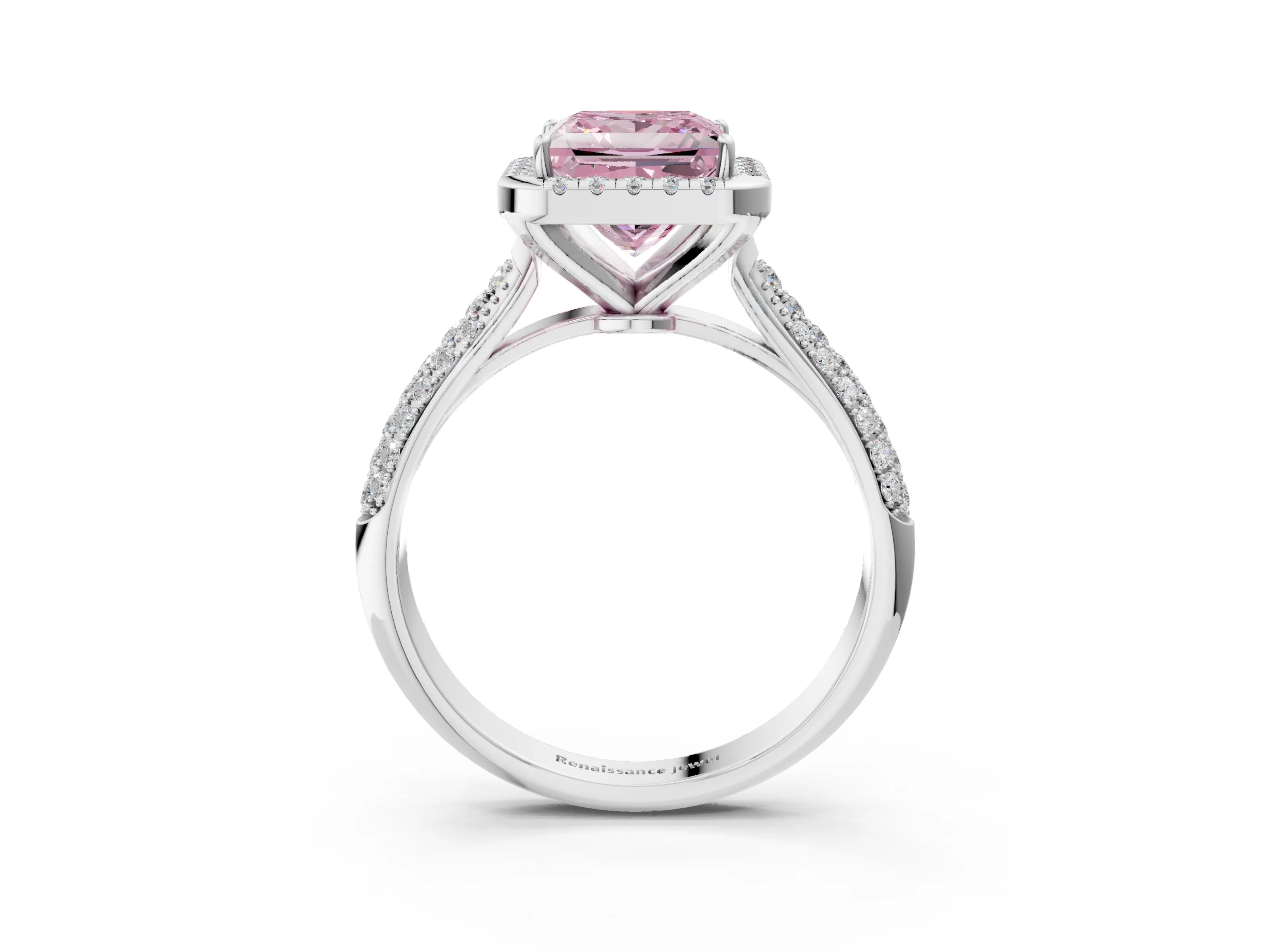White gold Fancy Pink Princess Cut Halo Diamond Ring with Pavé Band_3
