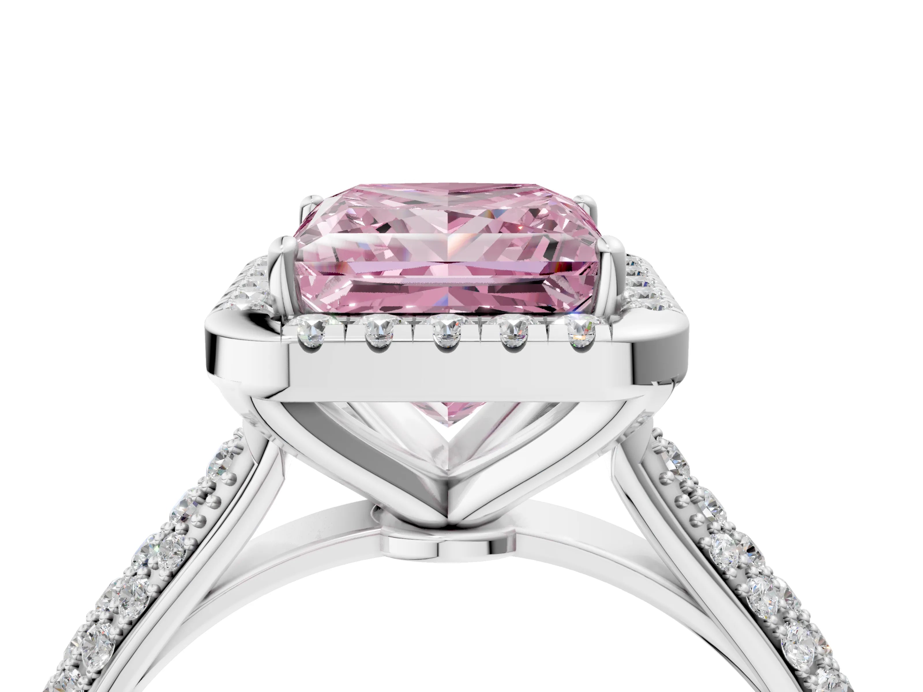 White gold Fancy Pink Princess Cut Halo Diamond Ring with Pavé Band_4
