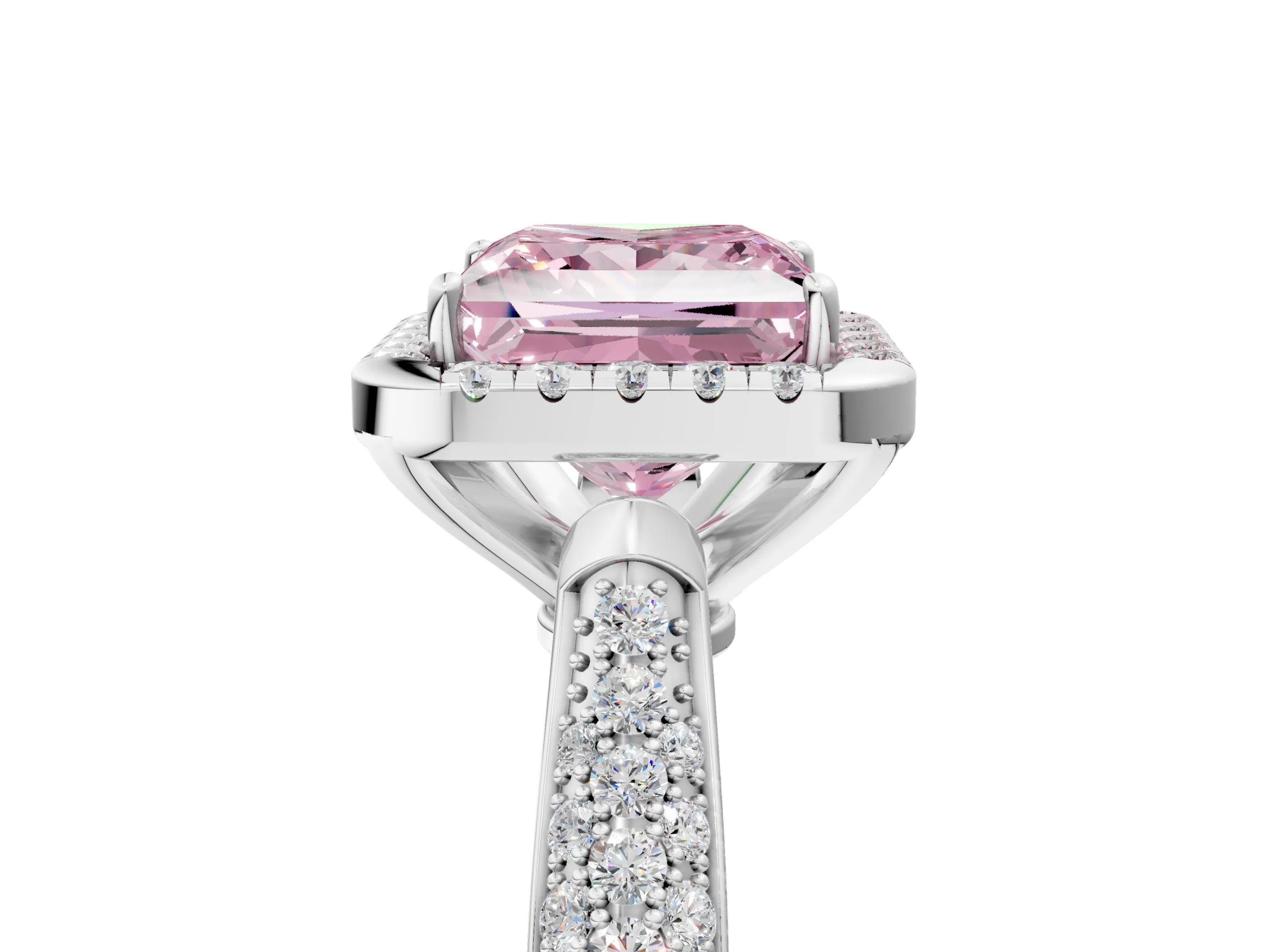 White gold Fancy Pink Princess Cut Halo Diamond Ring with Pavé Band_5