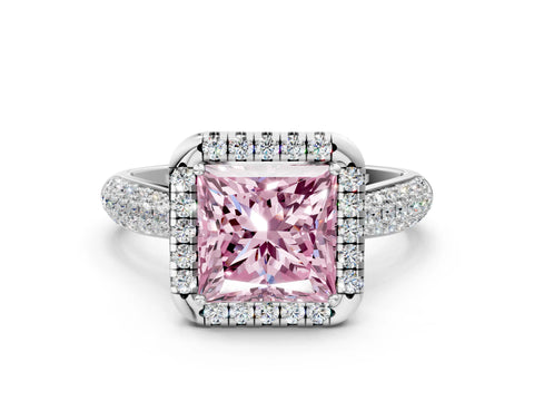 White gold Fancy Pink Princess Cut Halo Diamond Ring with Pavé Band