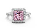 White gold Fancy Pink Princess  Cut Halo Diamond Ring with Pave Band and Four-Prong Setting