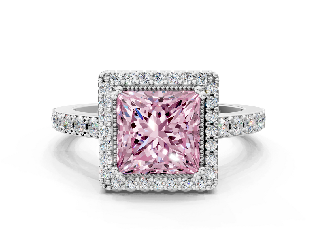 White gold Fancy Pink Princess  Cut Halo Diamond Ring with Pave Band and Four-Prong Setting