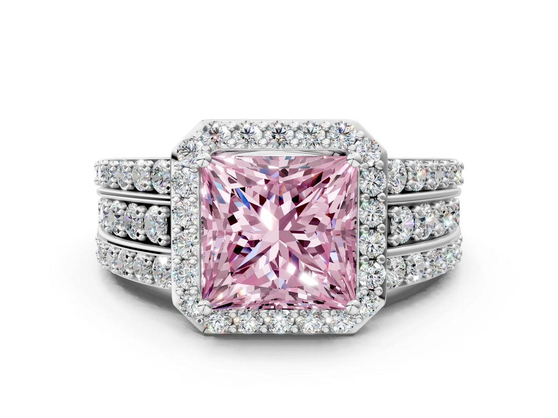 White gold Fancy Pink Princess Cut Halo Diamond Ring with Round  Split Shank and Prong Setting_58