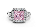 White gold Fancy Pink Princess  Cut Halo Diamond Ring with Scrollwork Band and Four-Prong Setting