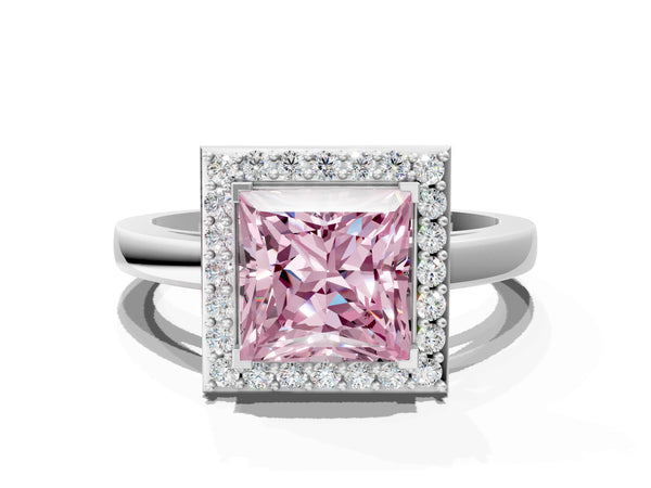 Platinum Fancy Pink Princess Cut Halo Diamond Ring with Solitaire Band and Prong Setting