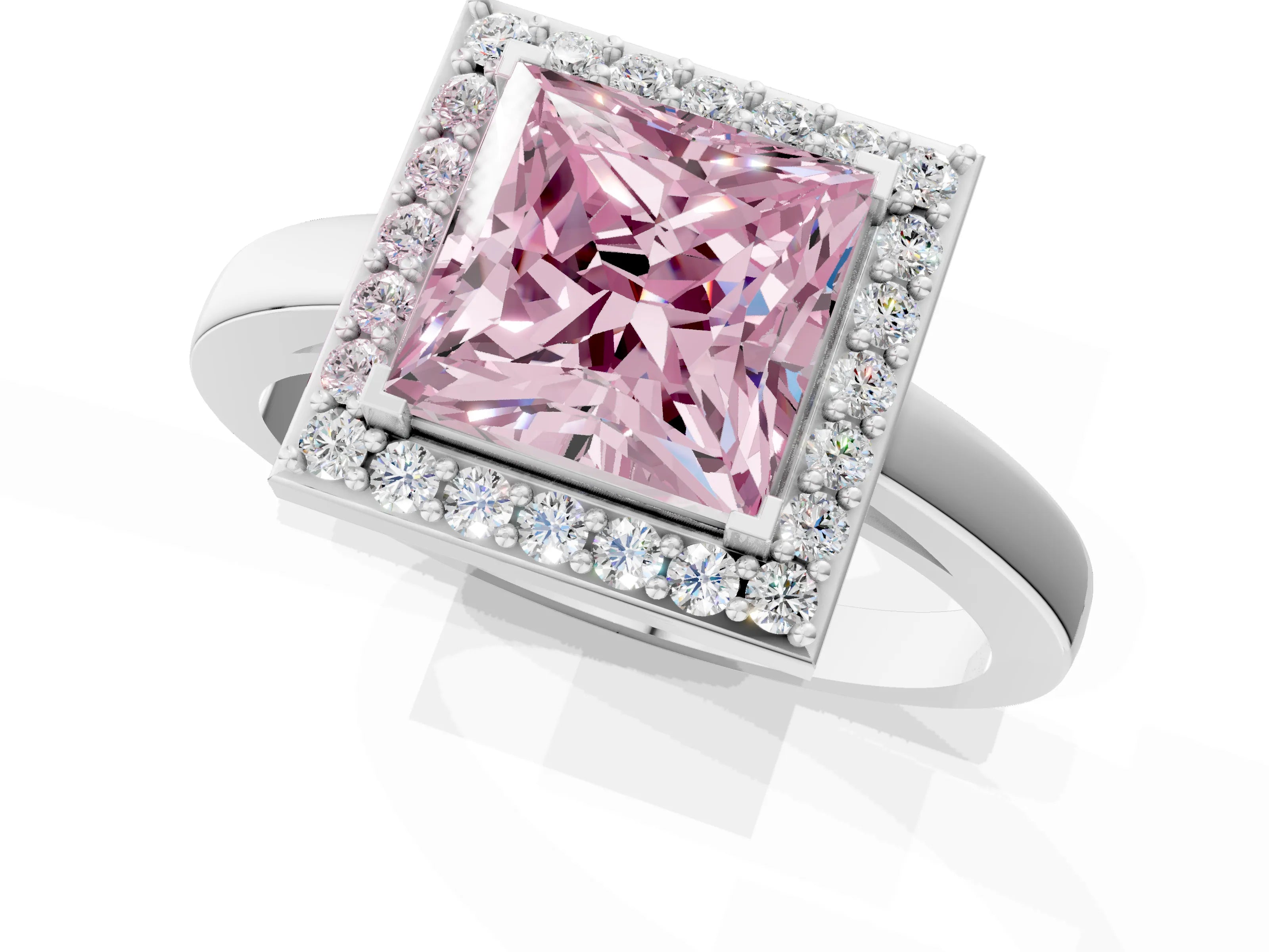 White gold Fancy Pink Princess Cut Halo Diamond Ring with Solitaire Band and Prong Setting_1