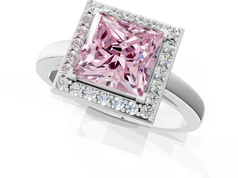 White gold Fancy Pink Princess Cut Halo Diamond Ring with Solitaire Band and Prong Setting_1