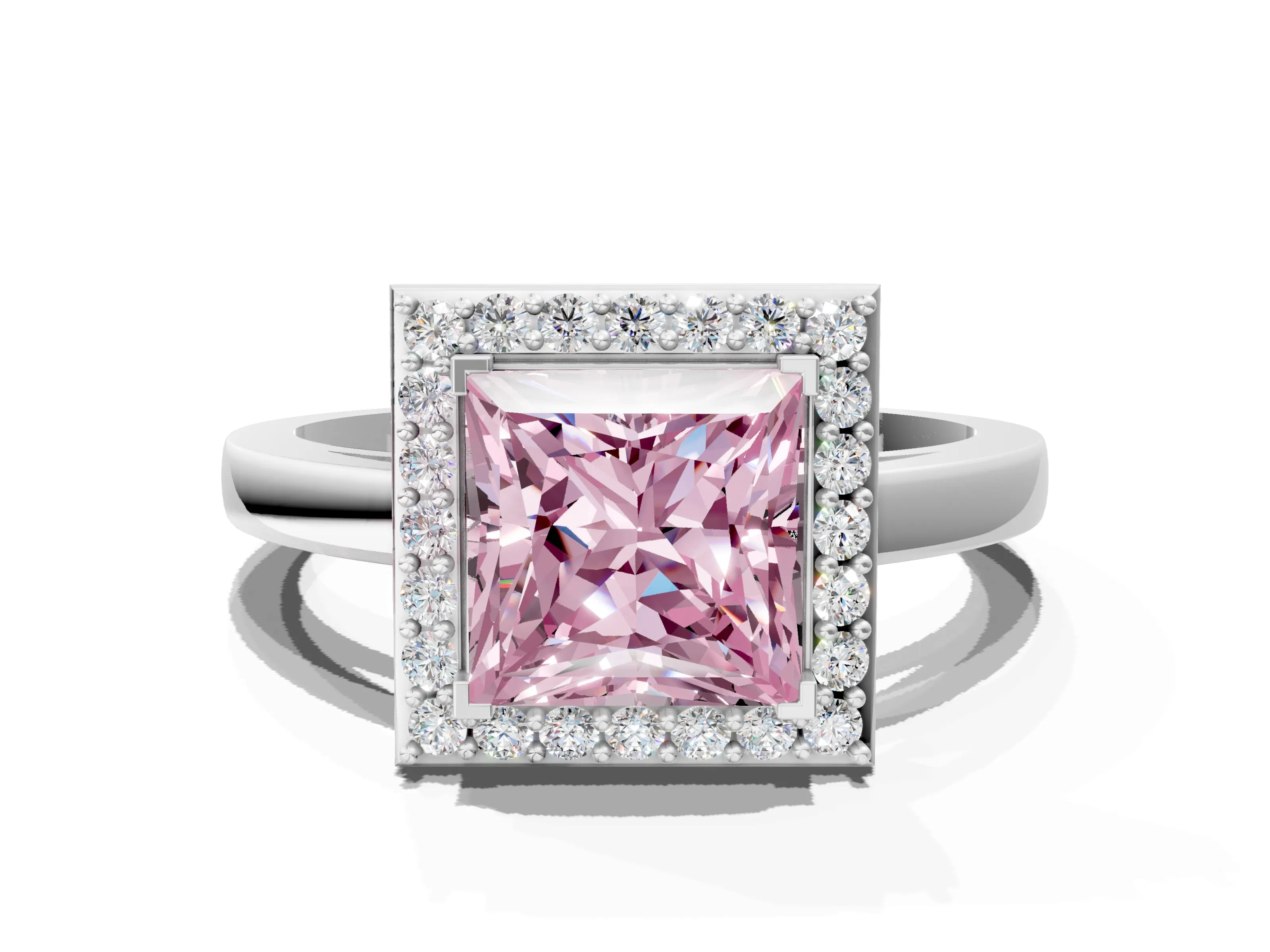 White gold Fancy Pink Princess Cut Halo Diamond Ring with Solitaire Band and Prong Setting
