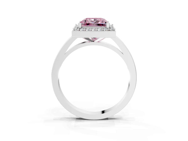 Platinum Fancy Pink Princess Cut Halo Diamond Ring with Solitaire Band and Prong Setting