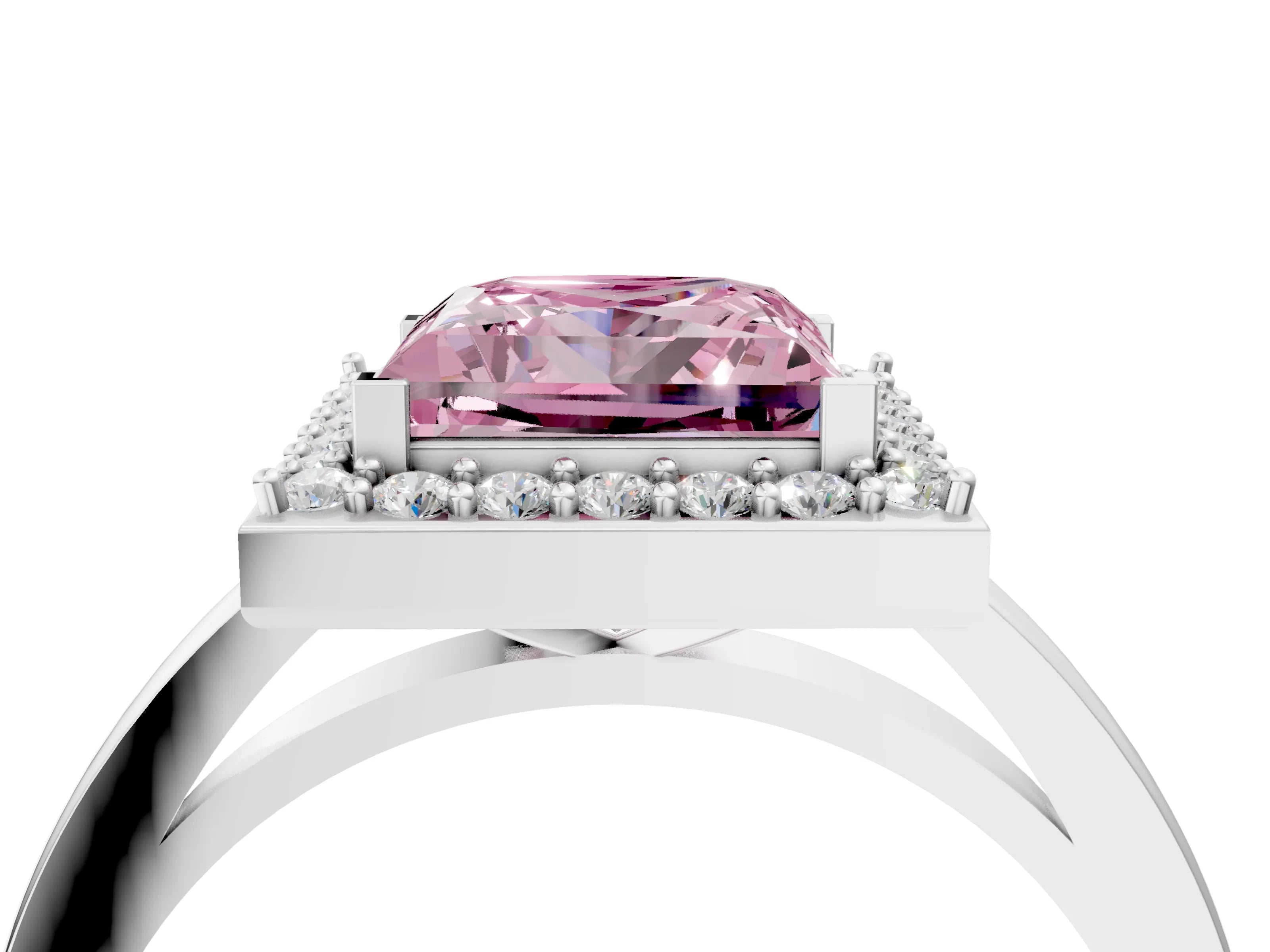 White gold Fancy Pink Princess Cut Halo Diamond Ring with Solitaire Band and Prong Setting_4