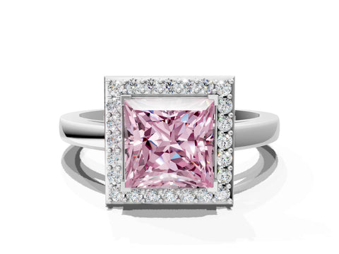 White gold Fancy Pink Princess Cut Halo Diamond Ring with Solitaire Band and Prong Setting