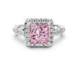 White gold Fancy Pink Princess Cut Halo Diamond Solitaire with Filigree Band and Four-Prong Setting_12