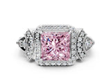 White gold Fancy Pink Princess Cut Halo Diamond Split Shank Engagement Ring with Four-Prong Setting
