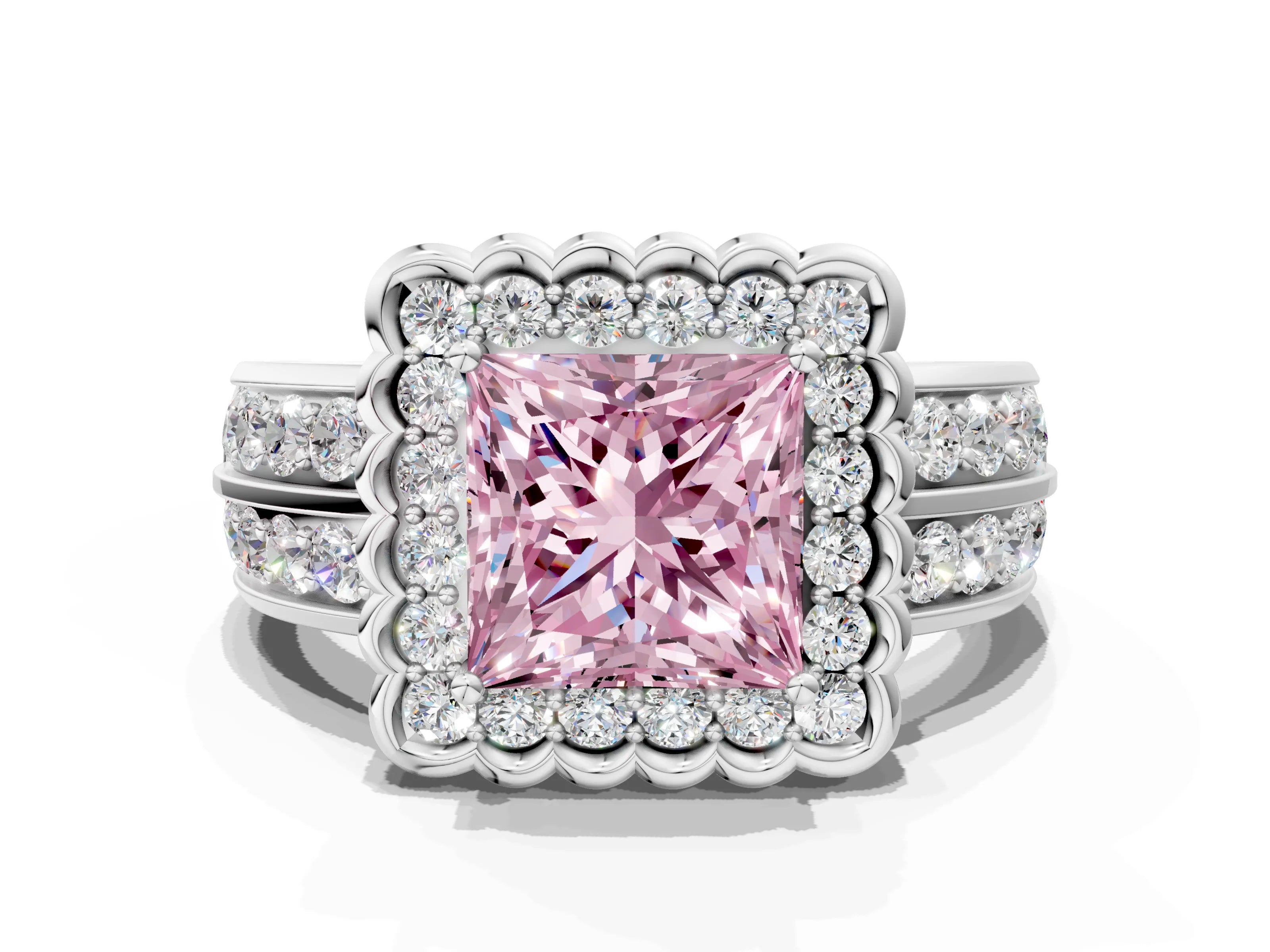 White gold Fancy Pink Princess Cut Halo Diamond Split Shank Ring with Scalloped Prong Setting_12