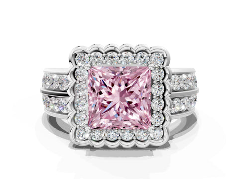 White gold Fancy Pink Princess Cut Halo Diamond Split Shank Ring with Scalloped Prong Setting_12