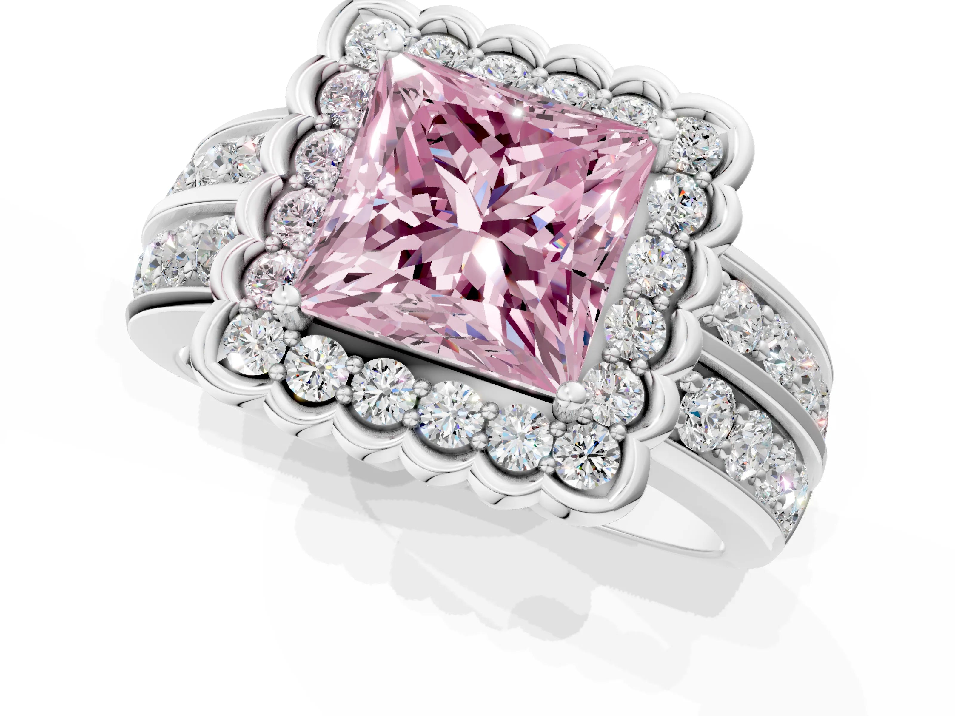 White gold Fancy Pink Princess Cut Halo Diamond Split Shank Ring with Scalloped Prong Setting_13