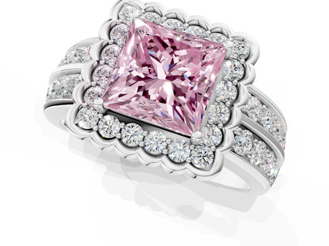 White gold Fancy Pink Princess Cut Halo Diamond Split Shank Ring with Scalloped Prong Setting_13