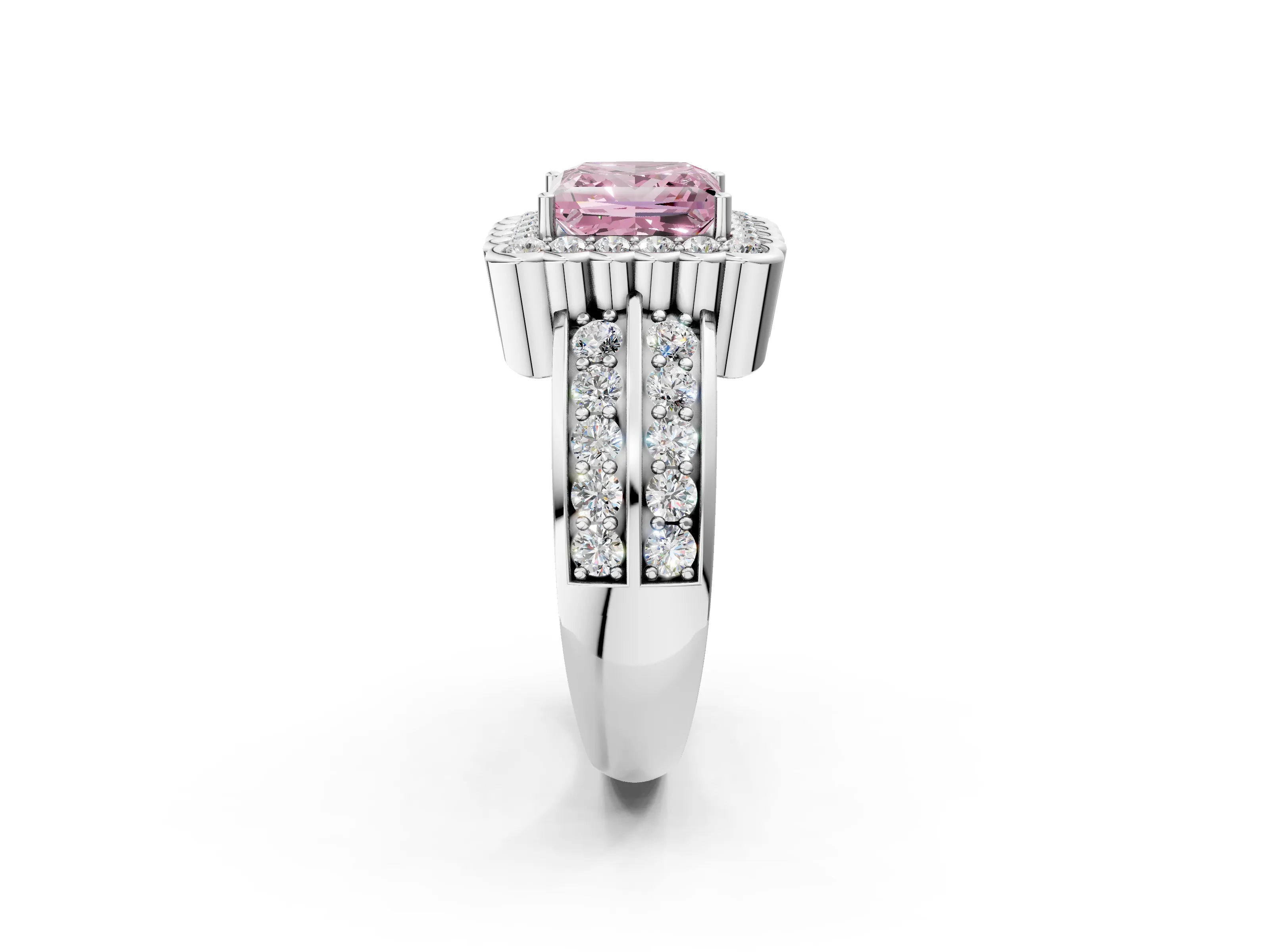 White gold Fancy Pink Princess Cut Halo Diamond Split Shank Ring with Scalloped Prong Setting_14