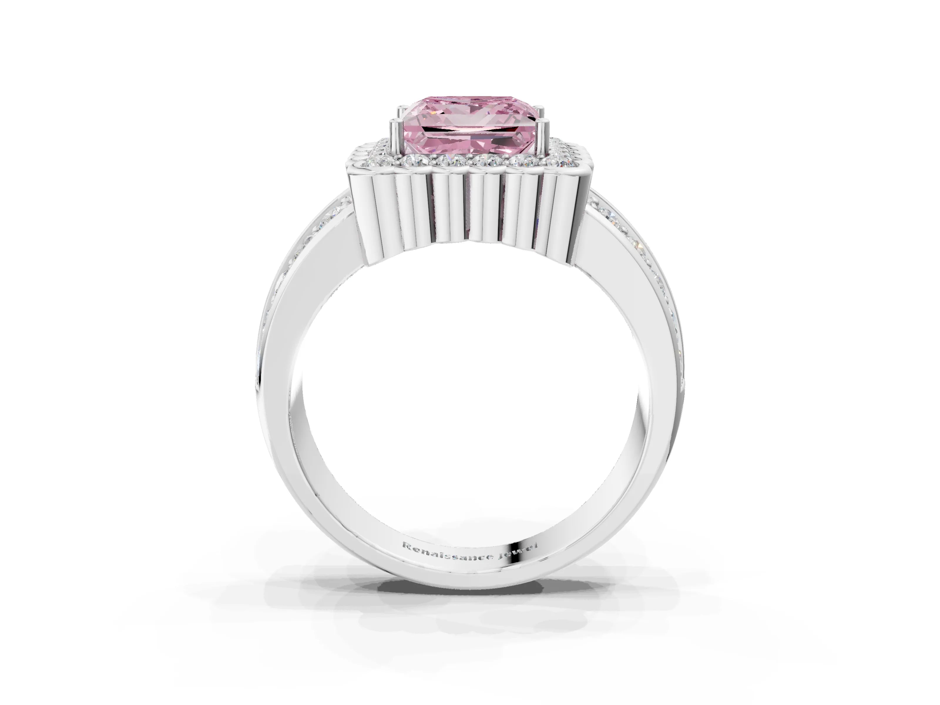 White gold Fancy Pink Princess Cut Halo Diamond Split Shank Ring with Scalloped Prong Setting_15