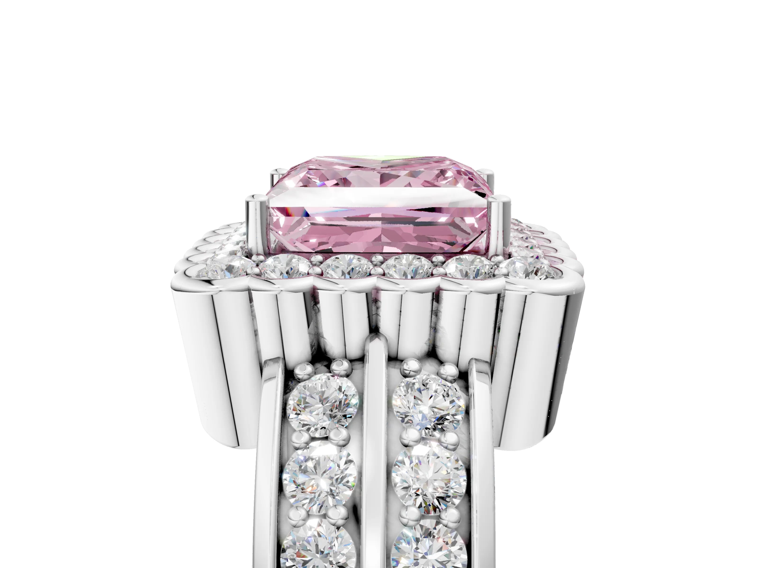 White gold Fancy Pink Princess Cut Halo Diamond Split Shank Ring with Scalloped Prong Setting_17