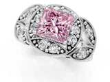 White gold Fancy Pink Princess Cut Halo Milgrain Diamond Engagement Ring with Leaf Band and Four-Prong Setting_1