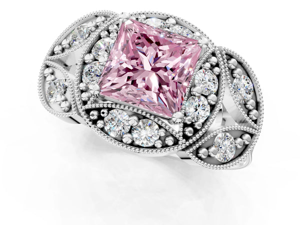 White gold Fancy Pink Princess Cut Halo Milgrain Diamond Engagement Ring with Leaf Band and Four-Prong Setting