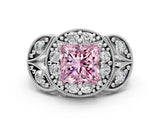 White gold Fancy Pink Princess Cut Halo Milgrain Diamond Engagement Ring with Leaf Band and Four-Prong Setting