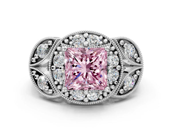 White gold Fancy Pink Princess Cut Halo Milgrain Diamond Engagement Ring with Leaf Band and Four-Prong Setting