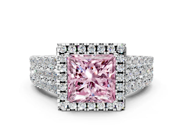 White gold Fancy Pink Princess Cut Halo Pavé Diamond Engagement Ring with Split Shank and Four-Prong Setting