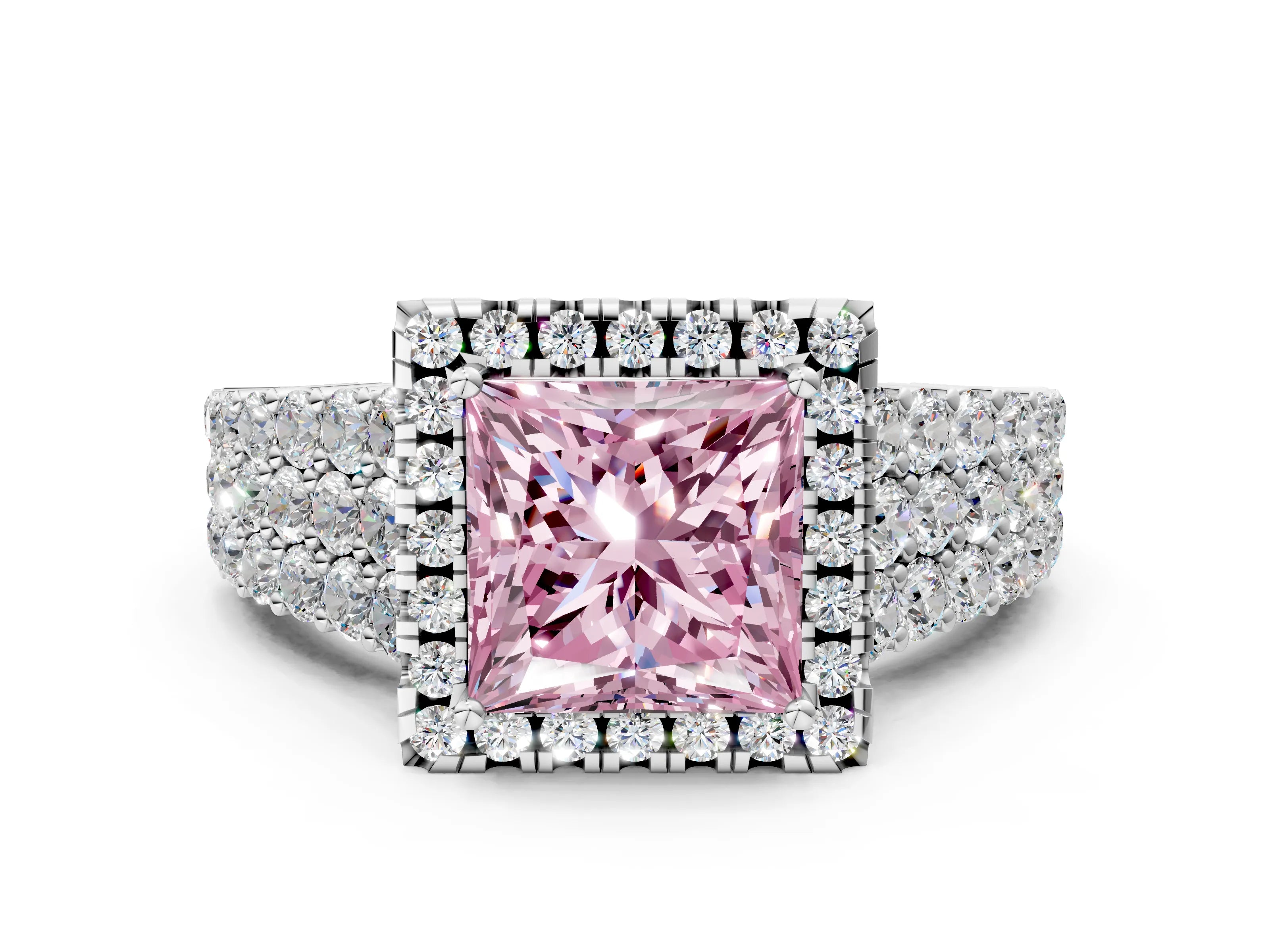 White gold Fancy Pink Princess Cut Halo Pavé Diamond Engagement Ring with Split Shank and Four-Prong Setting_3