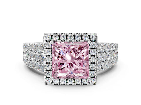 White gold Fancy Pink Princess Cut Halo Pavé Diamond Engagement Ring with Split Shank and Four-Prong Setting_3