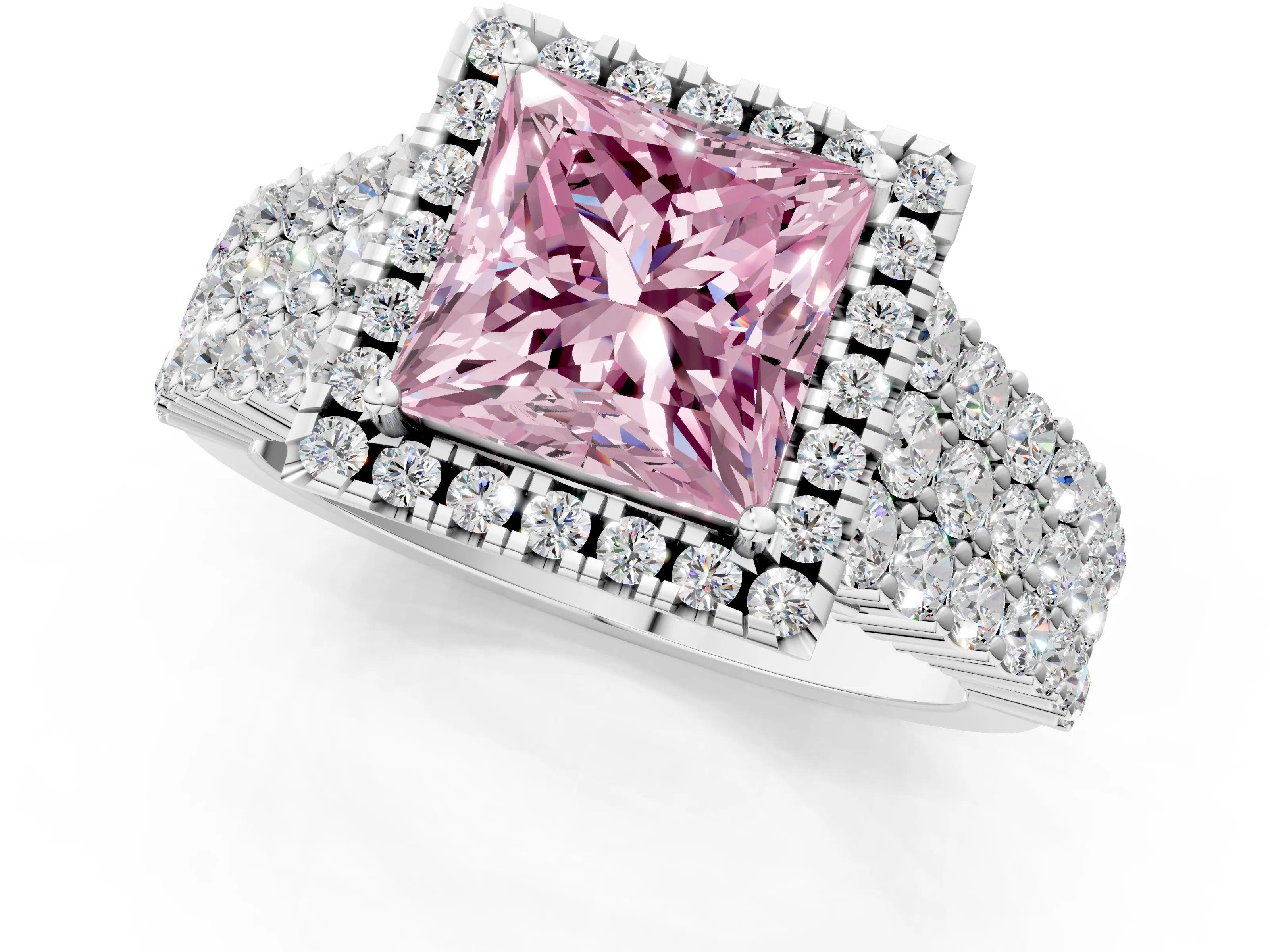 White gold Fancy Pink Princess Cut Halo Pavé Diamond Engagement Ring with Split Shank and Four-Prong Setting_4