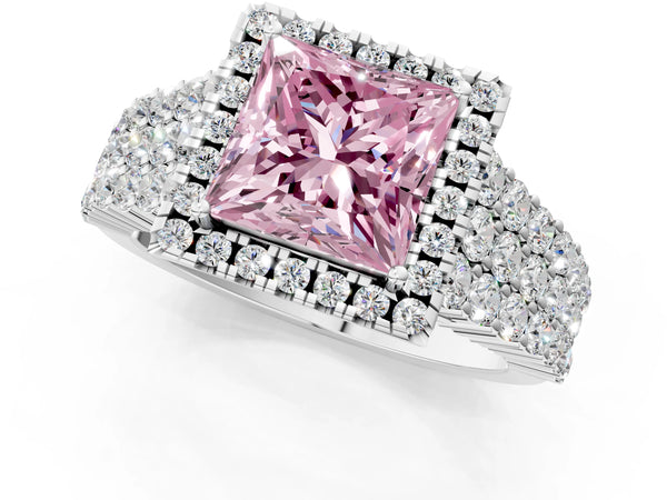 White gold Fancy Pink Princess Cut Halo Pavé Diamond Engagement Ring with Split Shank and Four-Prong Setting