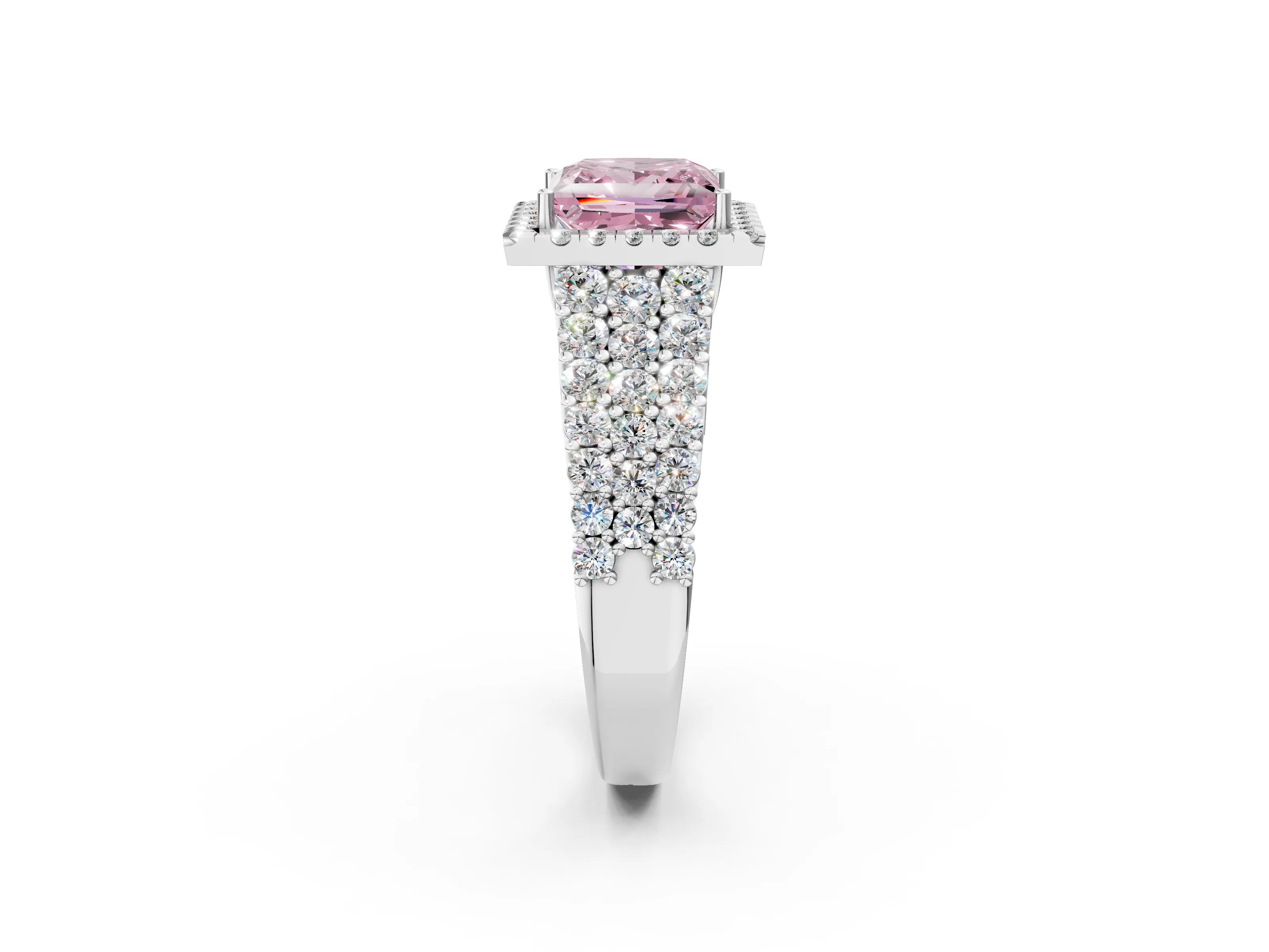 White gold Fancy Pink Princess Cut Halo Pavé Diamond Engagement Ring with Split Shank and Four-Prong Setting_5